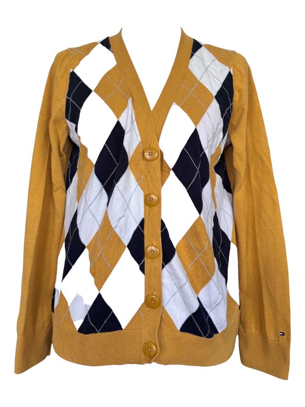 Tommy Hilfiger Mustard, Navy & White Argyle V-Neck Button Cardigan